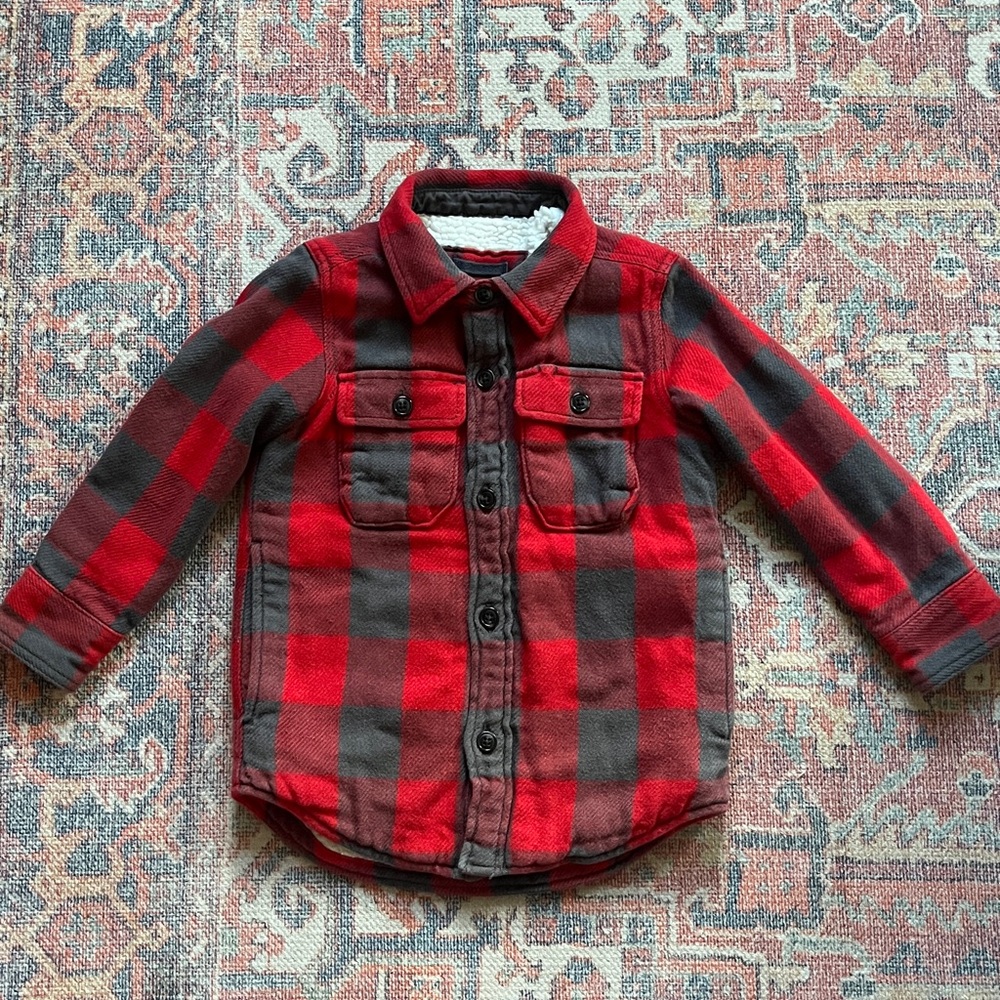 GAP KIDS Sherpa shacket jacket, flannel lumberjack style plaid cozy button coat